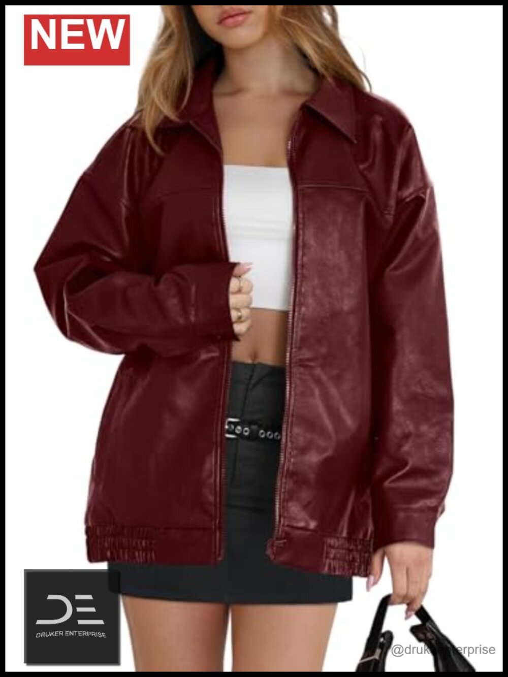 Faux Leather Oversized Moto Jacket Long Sleeve Zipper Fall Winter Coat